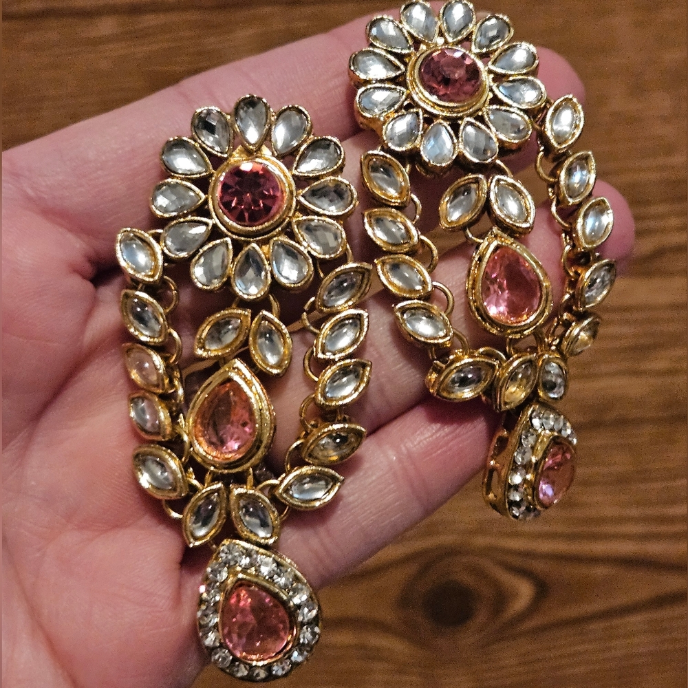Pink & Gold Indian Bollywood Fashion Jewlery Necklace Earring Set - Picture 2 of 5